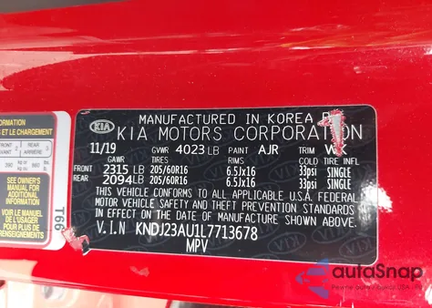 2020 Kia Soul Lx/X Line/S из США, поврежденный, VIN KNDJ23AU1L7713678